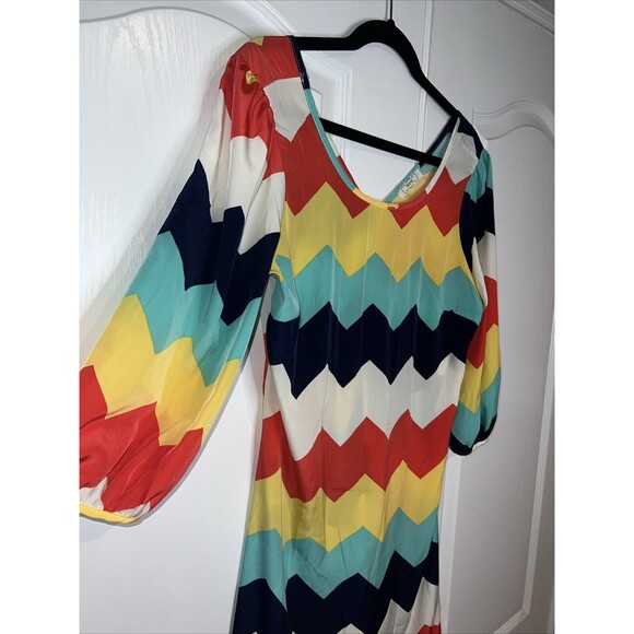 Ezra Womens Shift Dress Large Multicolored Chevron 3/4 Sleeve Mini Polyester Zip - Picture 2 of 10